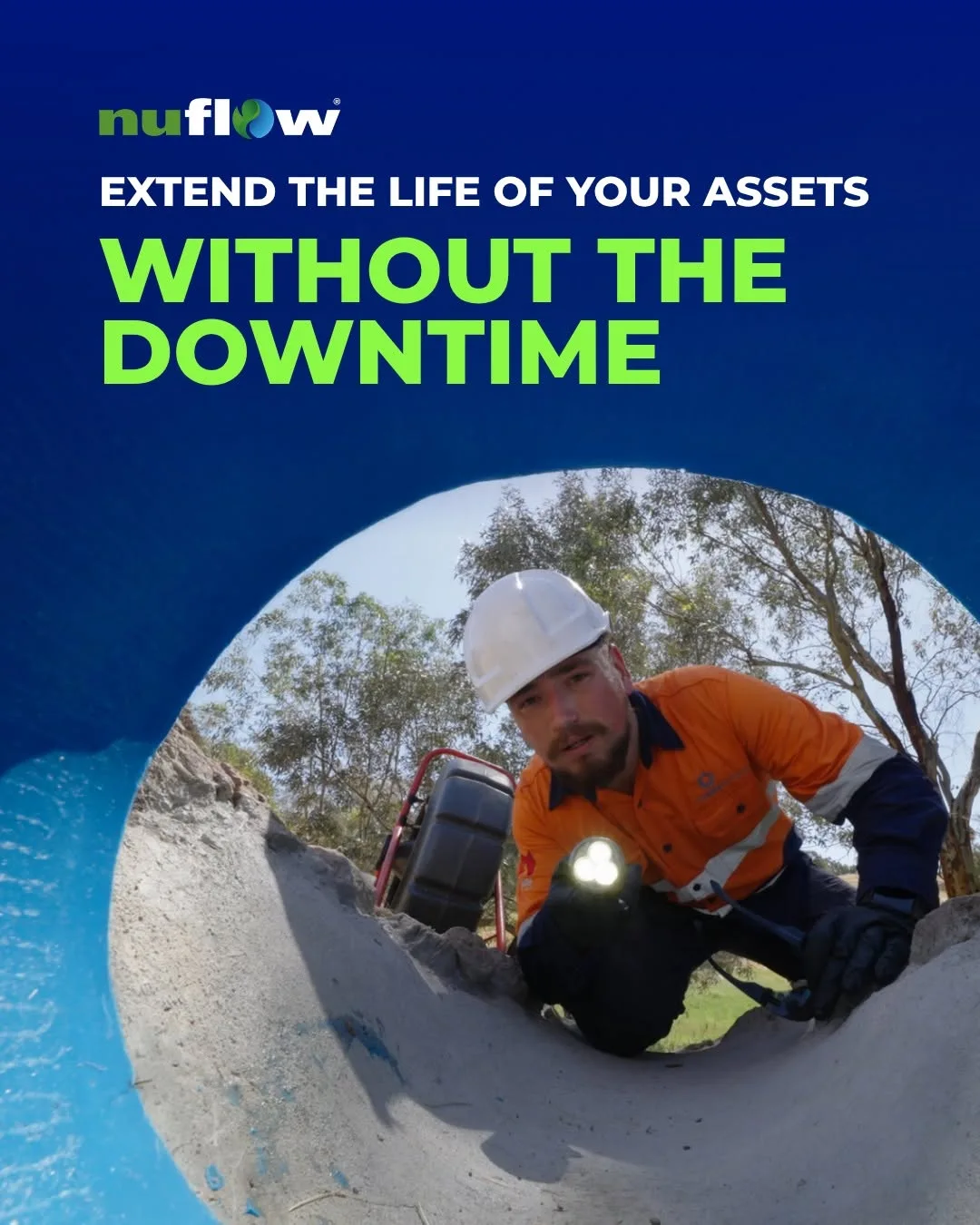 Nuflow pipe inspection graphic about extending asset life with less downtime