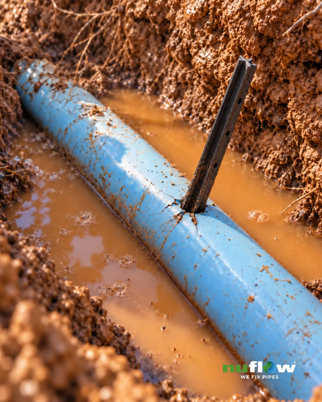 Illustration of a damaged blue underground pipe surrounded by muddy water