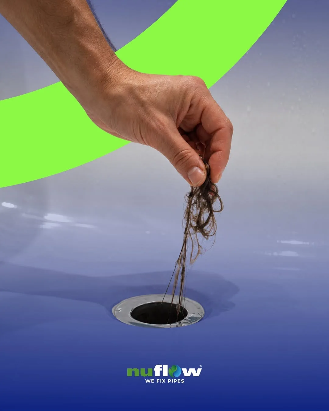 Hair being lifted from a shower drain in a Nuflow maintenance graphic