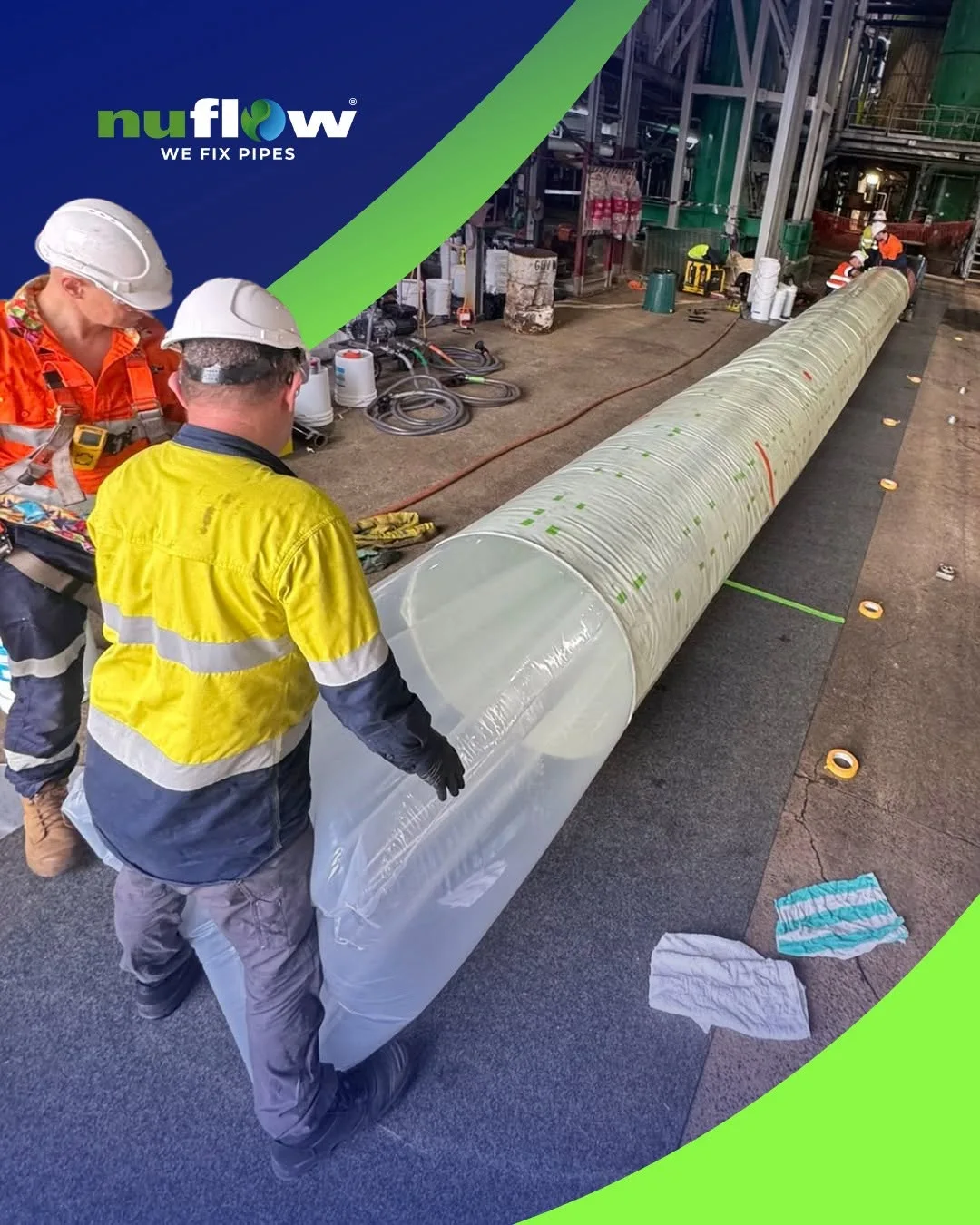 Nuflow network team preparing a large-diameter liner at an industrial facility